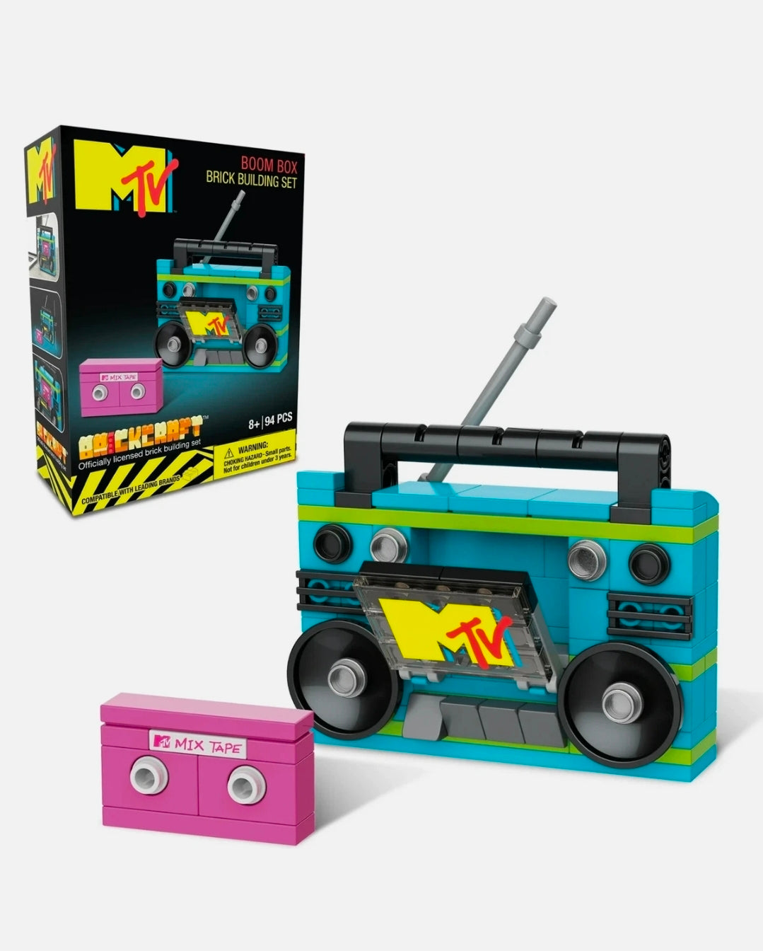 MTV brick boombox building set with pink mixtape brick accessory, 94 pieces
