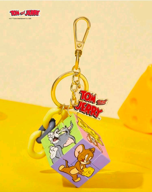 Tom and Jerry Mini Rubiks Cube Keychain Licensed Turner 6 Sided Puzzle Charm Kawaii Collectible Bag Clip