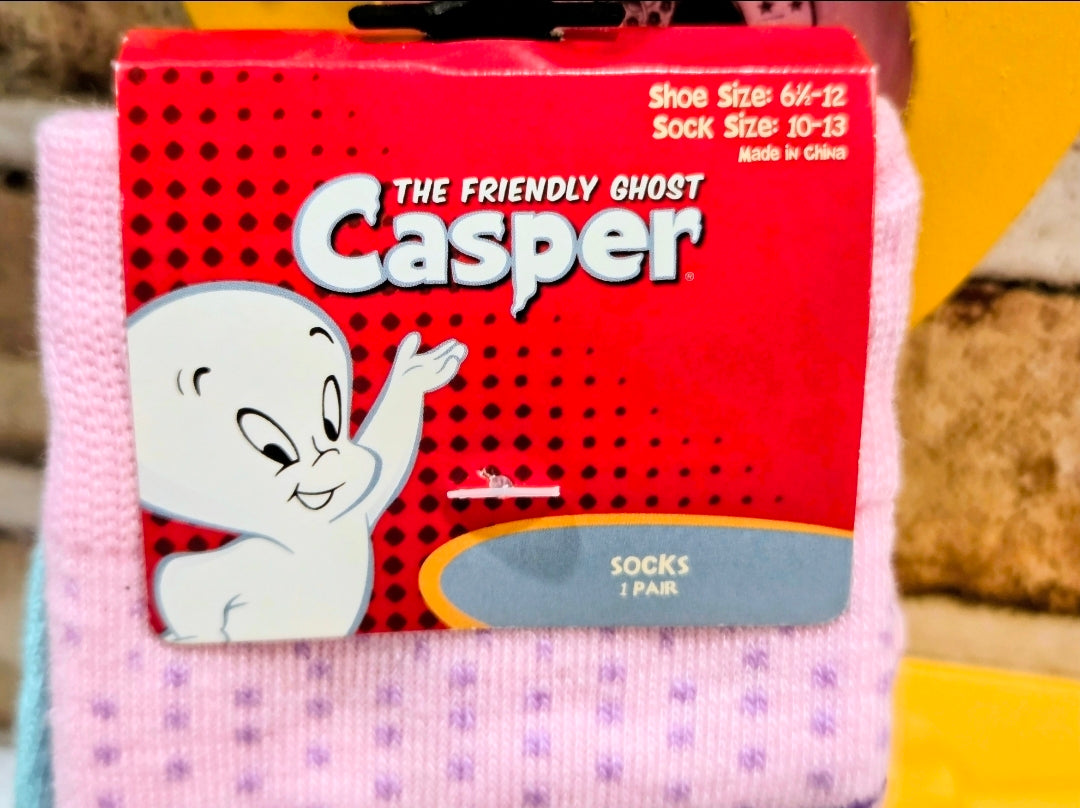 Casper licensed crew socks in pink and purple on retail box, shoe size 6½–12