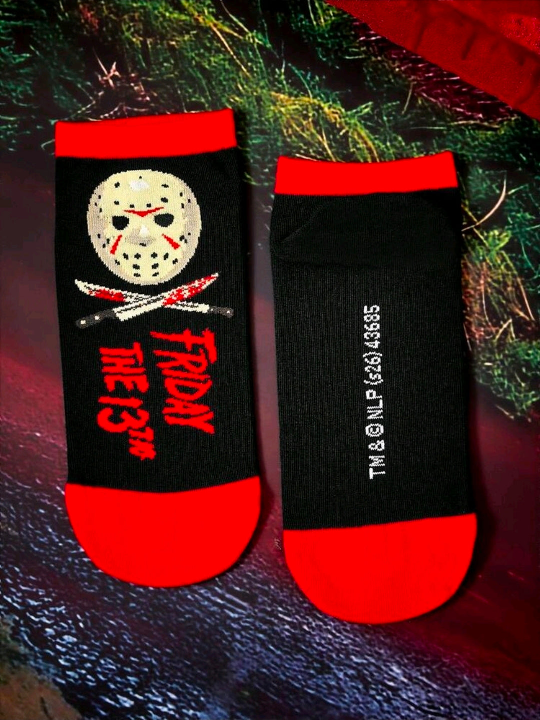 2-pack ankle socks: black/red logo sock and gray sock with Jason hockey mask faces