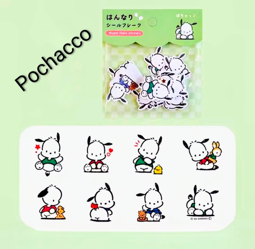 Pochacco washi flake sticker pack, sheet with multiple white dog character designs