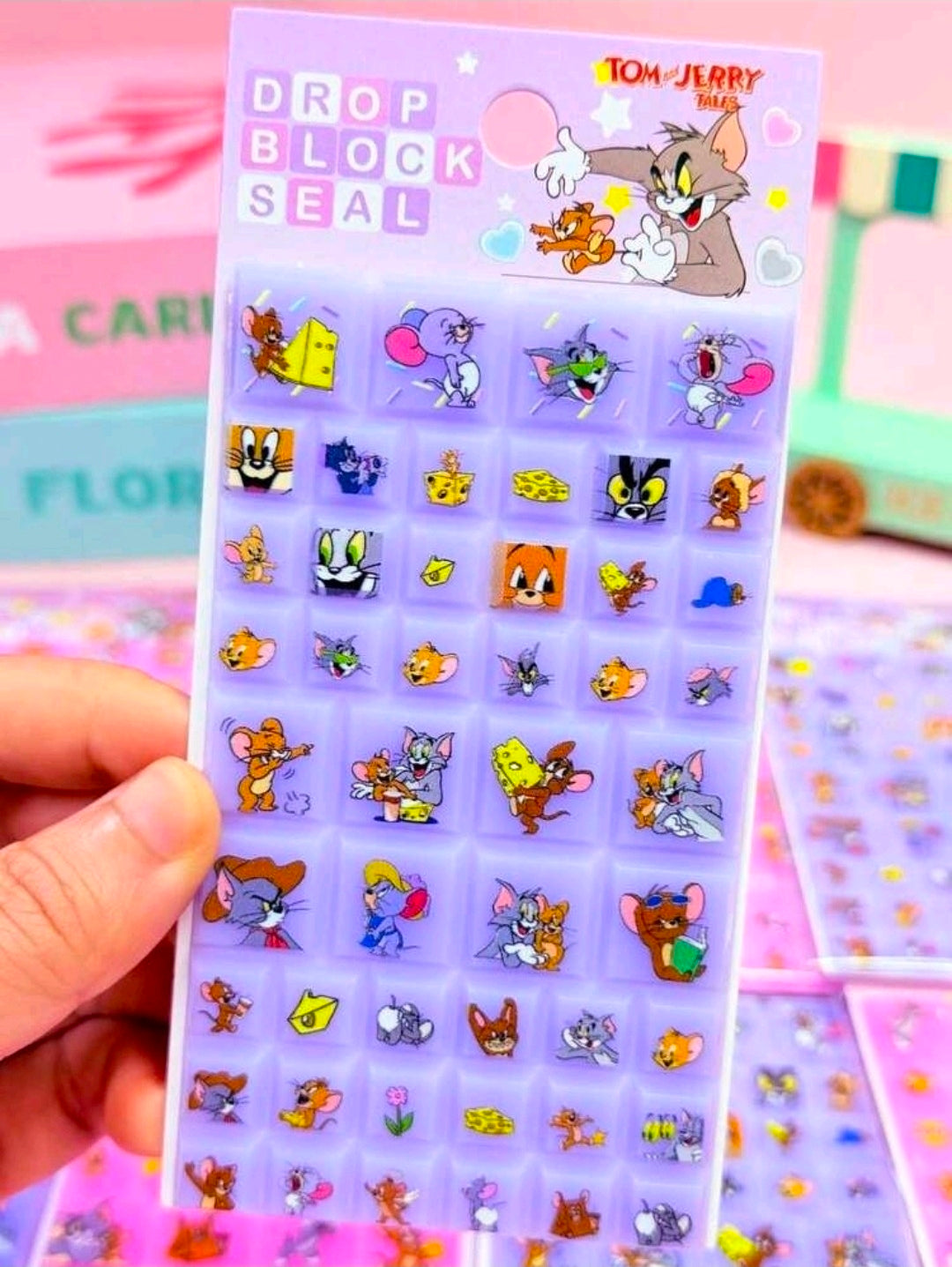 Tom & Jerry Drop Block Seal Puffy Stickers Pink or Purple Cartoon NEW
