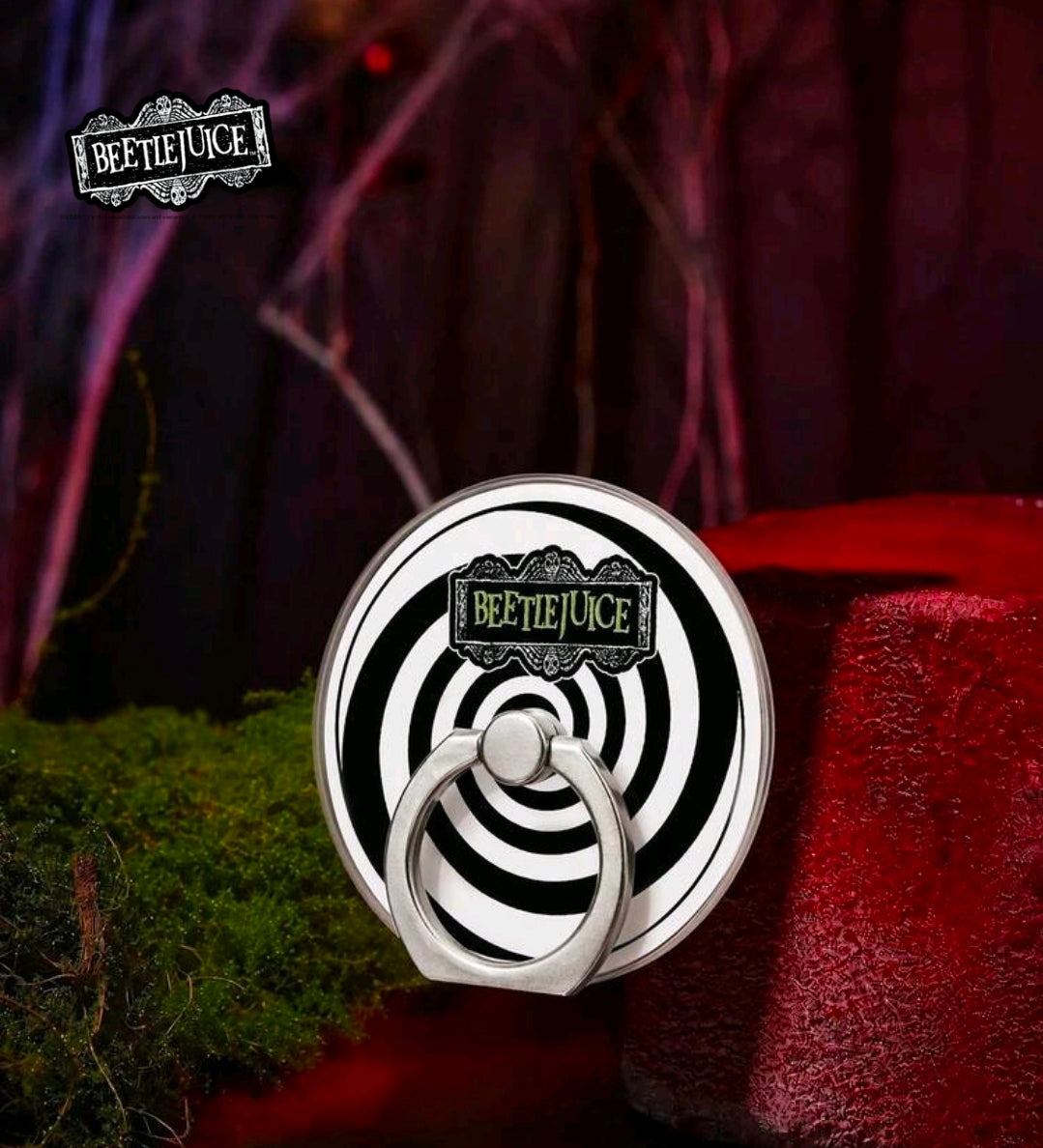 Metal stick-on phone ring grip with spiral emblem on circular backing