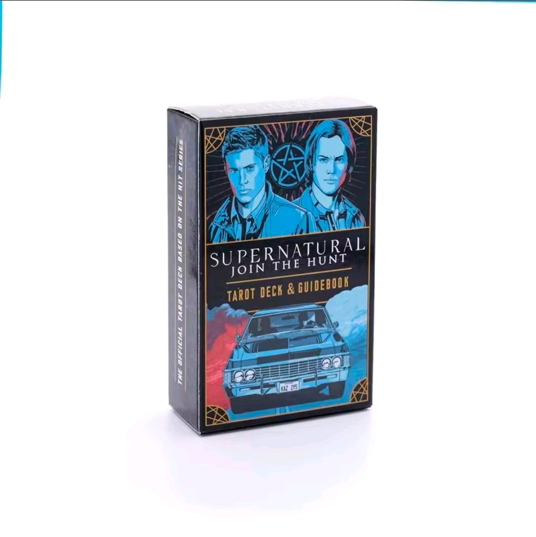 Tarot deck box, side view with two men in blue and car illustration