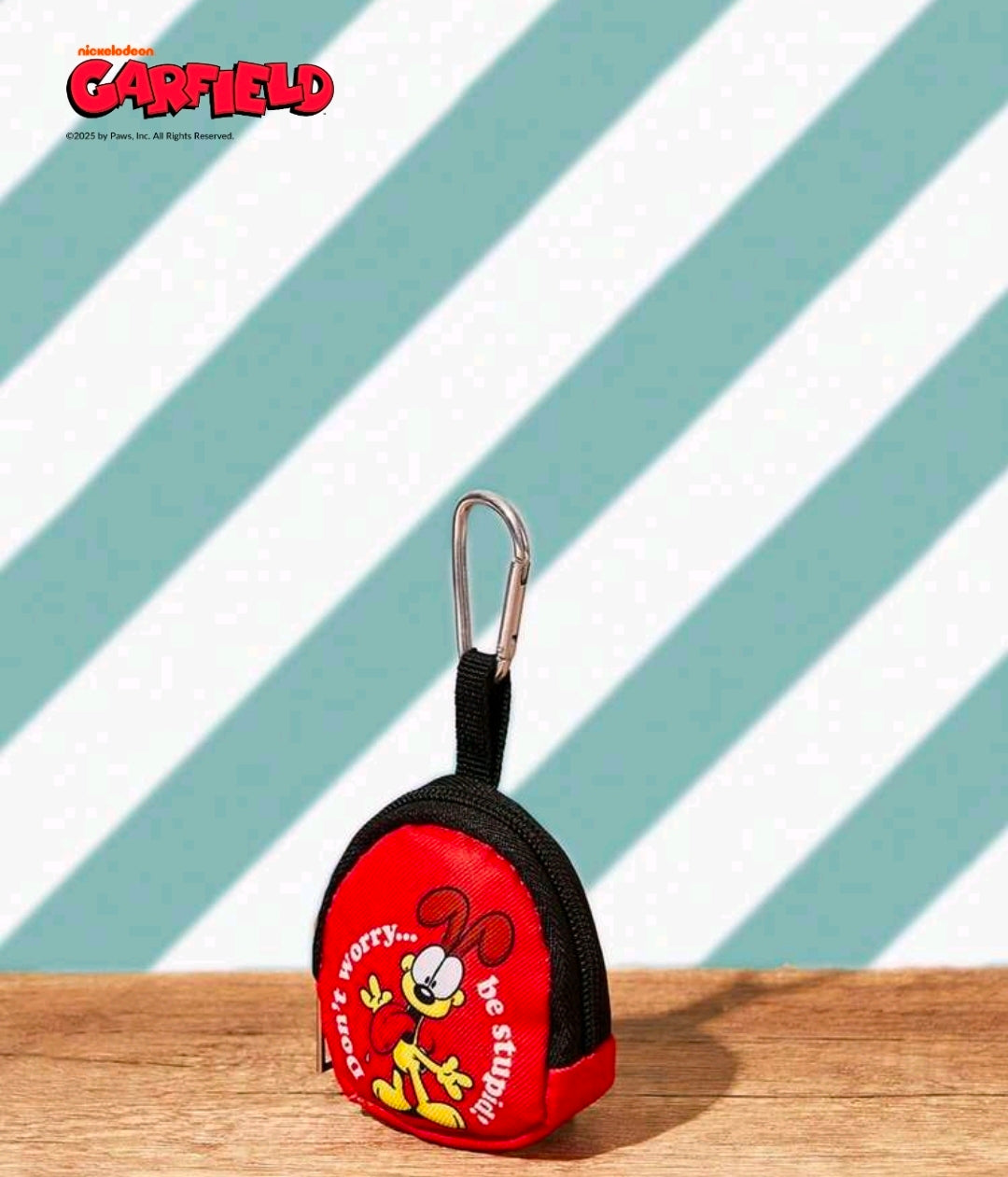 Red Garfield round coin pouch keychain with black strap and metal carabiner loop