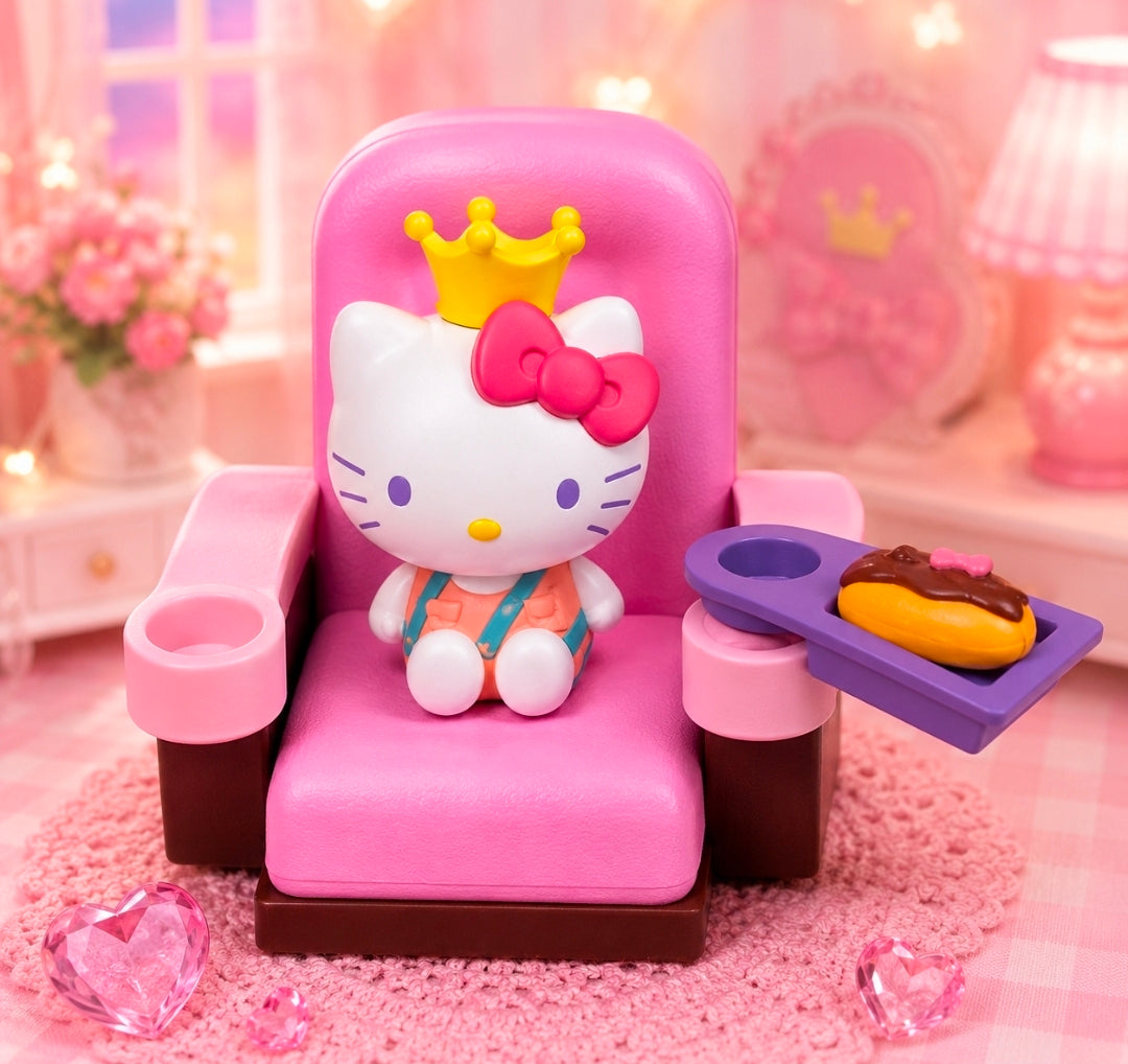 Pink theater chair blind box figure of Hello Kitty wearing a gold crown and red bow