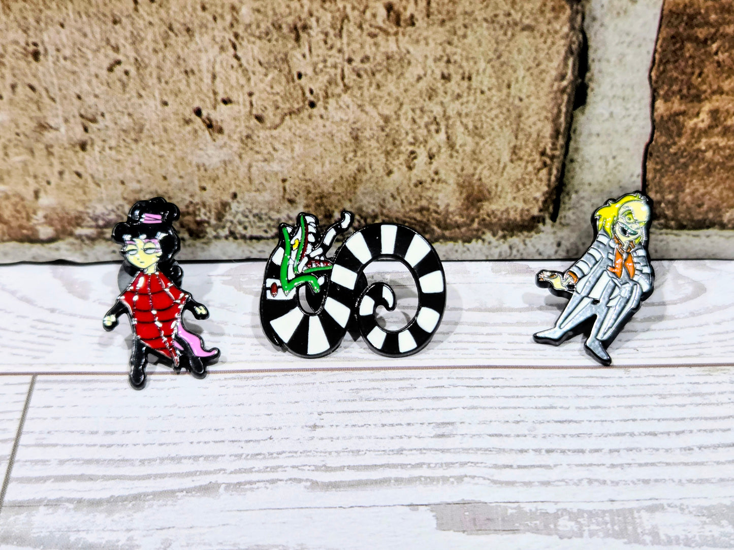 Beetlejuice Enamel Pins 3pc Set Lydia Beetlejuice Sandworm Licensed