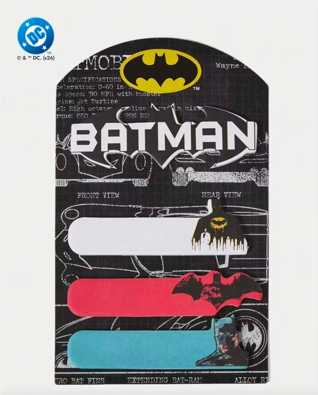 Batman zip pouch front print with BATMAN text and colored tab strips