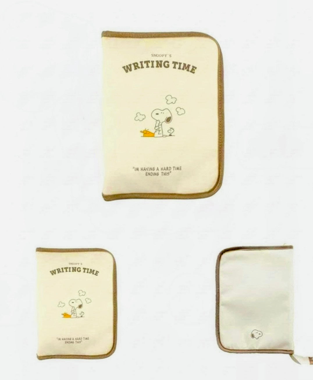 Writing time portfolio organizer shown in three sizes with Snoopy graphics and brown trim