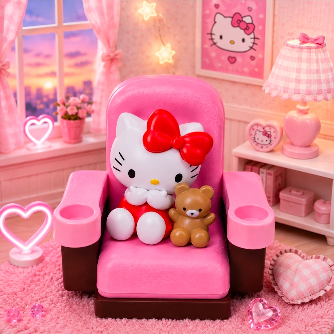 Pink theater chair blind box figure with Hello Kitty character and red bow, seated