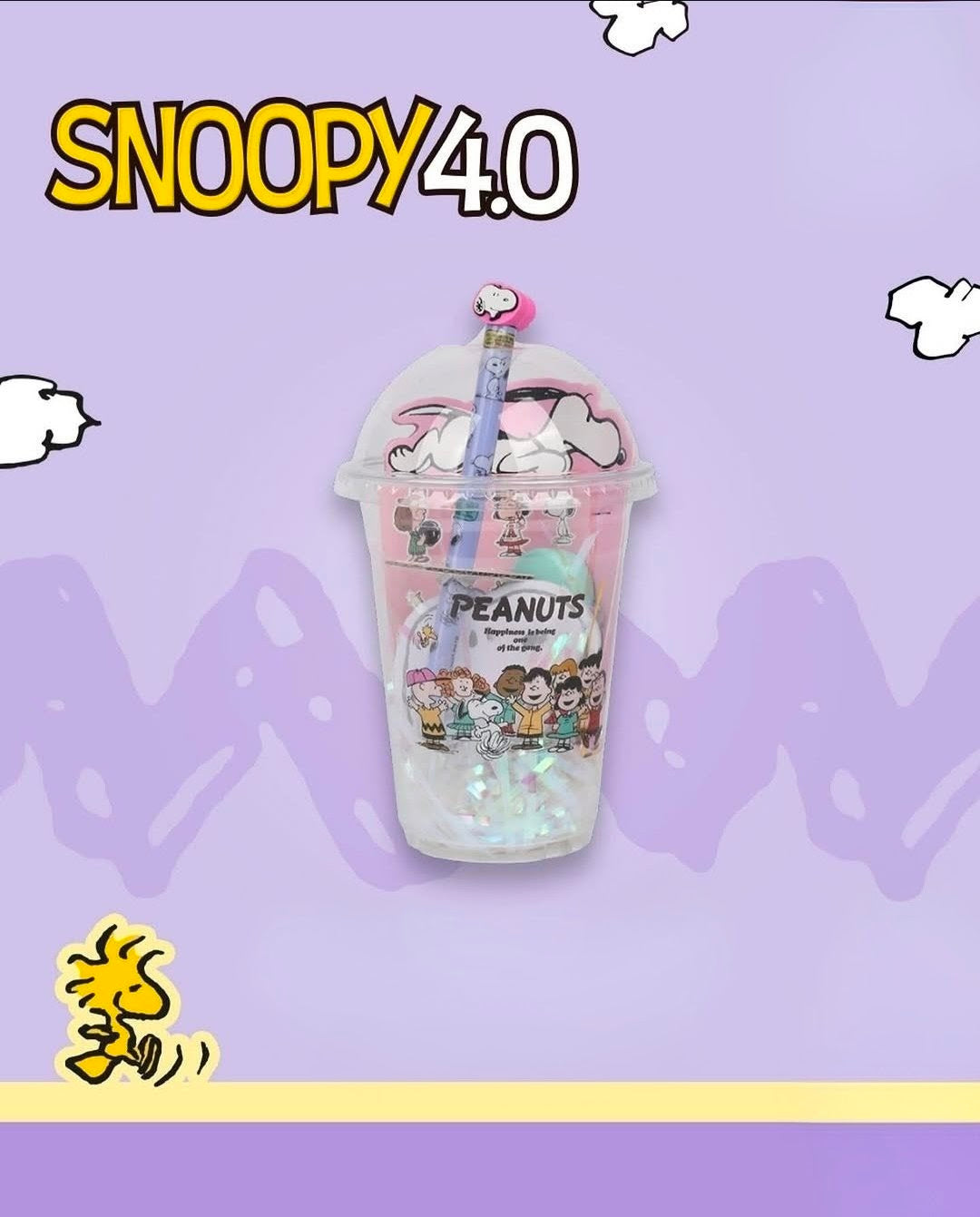 Kawaii Snoopy stationery cup set with clear lid and pink straw, patterned cup.