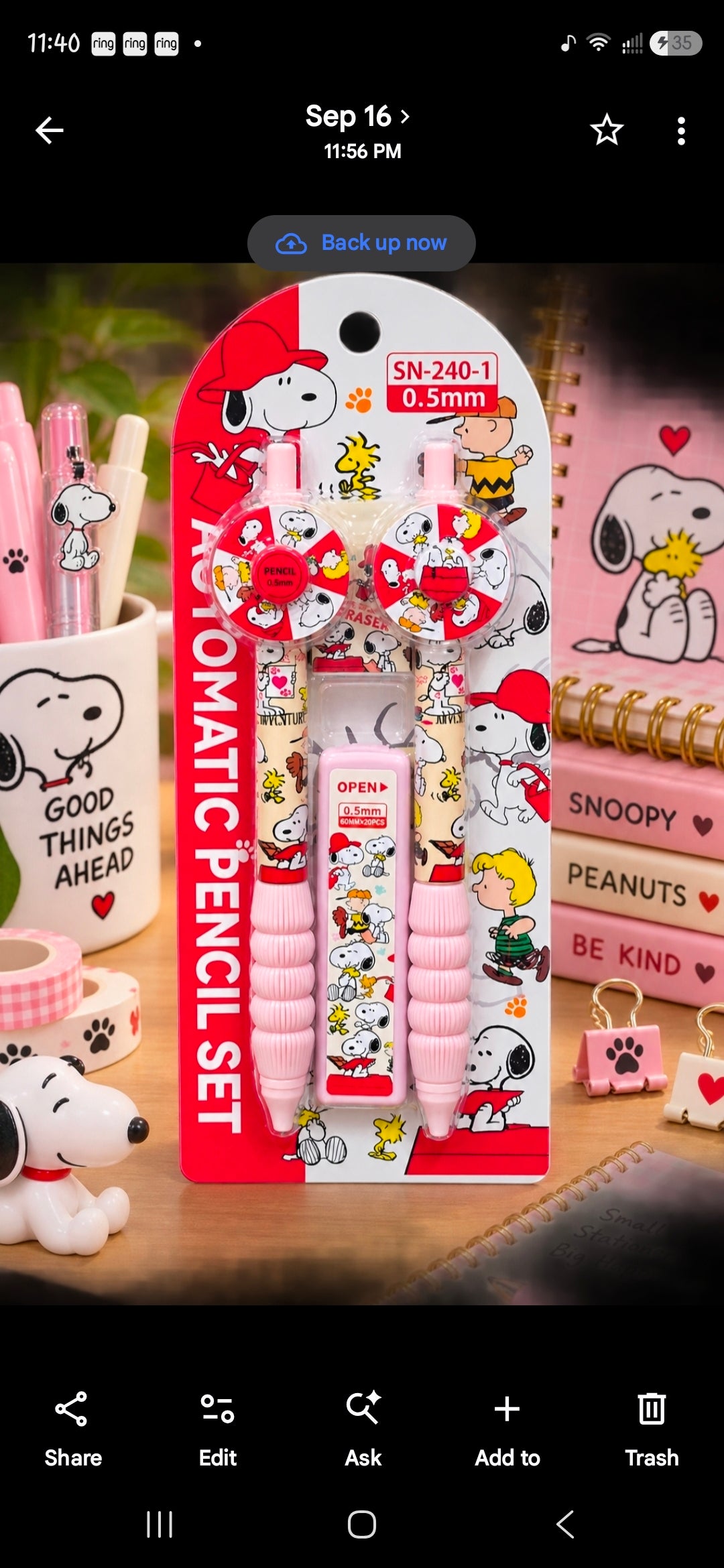 Peanuts Snoopy Pink Red Fidget Spinner Mechanical Pencil Set 0.5mm Lead