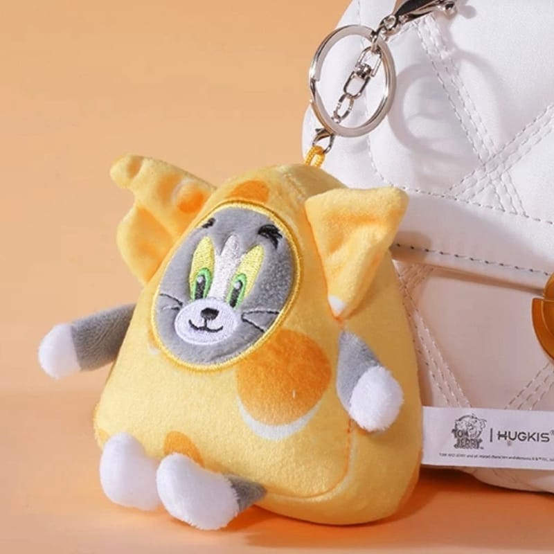 Cheese costume Tom cat plush keychain, yellow-orange plush with white paws and key ring