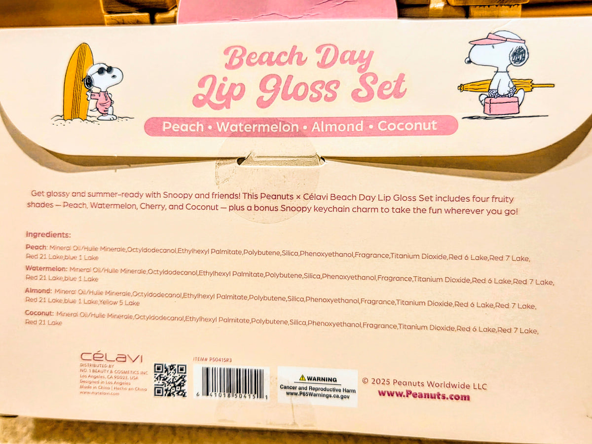 Peanuts x Celavi Snoopy Beach Day 4-piece lip gloss set box with four flavors