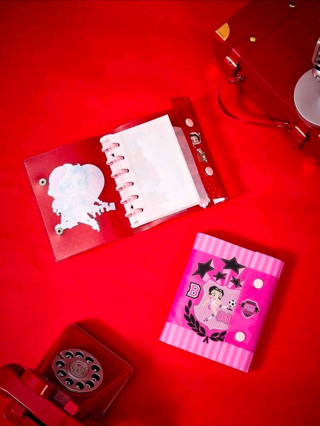 Pink-striped A7 ring binder photo album with Betty Boop collage front