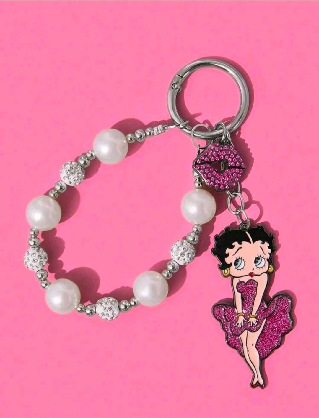 Beaded bag charm keychain with pearl beads and glitter lips character pendant