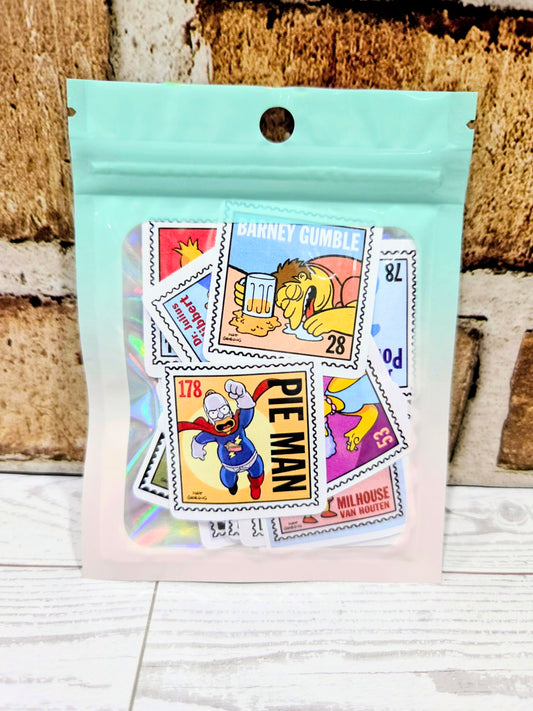 Sticker pack bag with assorted Simpsons postage-stamp style character decals, colorful stamps