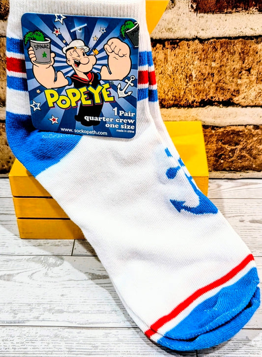 Quarter crew socks with Popeye character graphic and blue-white-red stripe pattern