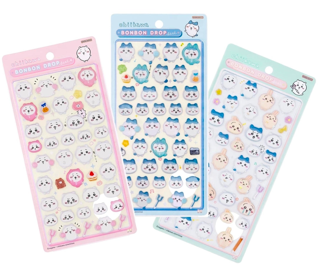 Set of Chiikawa Bon Bon Drop 3D acrylic sticker sheets in pink, blue, and green