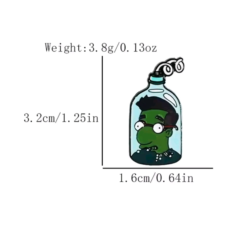 Green character in a clear bottle enamel pin with black base
