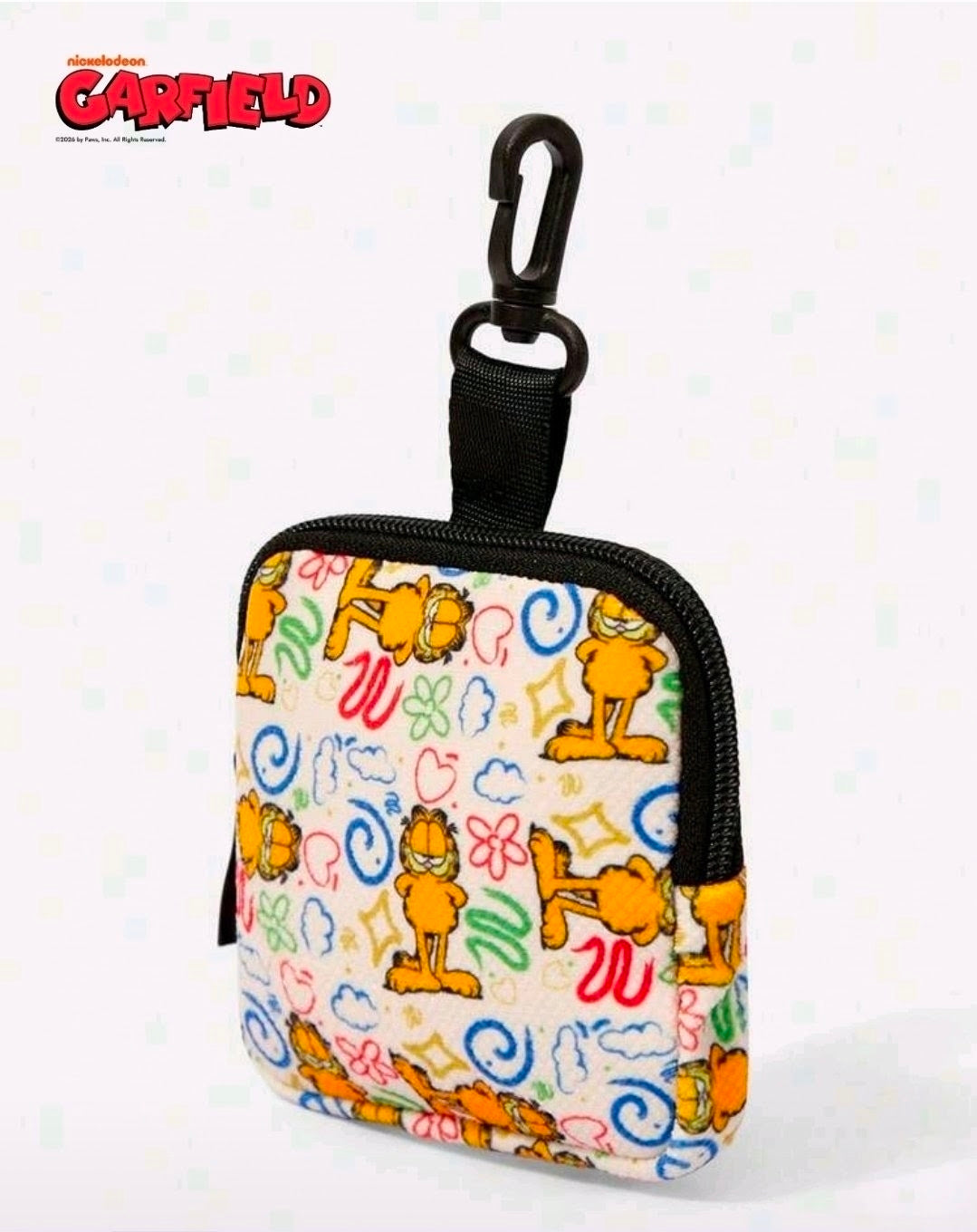 Garfield coin pouch with black carabiner clip and multicolor doodle print on front