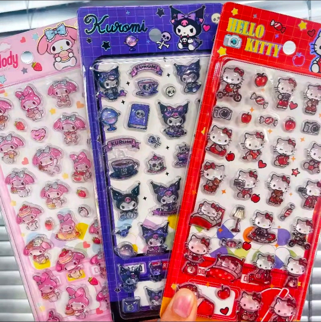 Assorted puffy sticker sheets: Kuromi (purple), Hello Kitty (red), and My Melody (pink)
