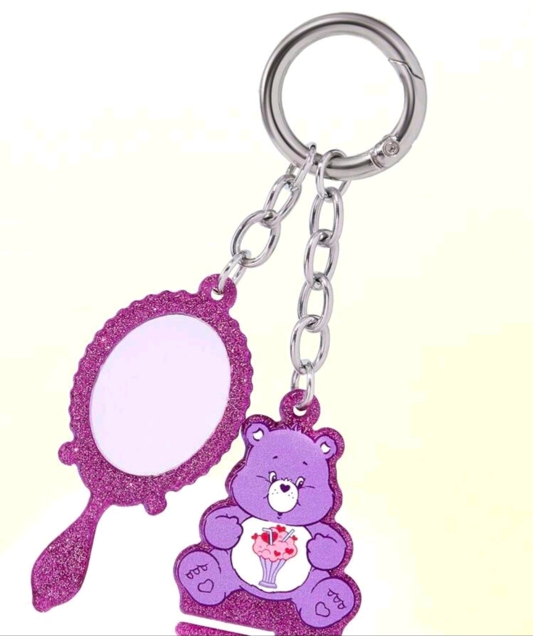 Purple round mirror and mini comb keychains with bear figure charm