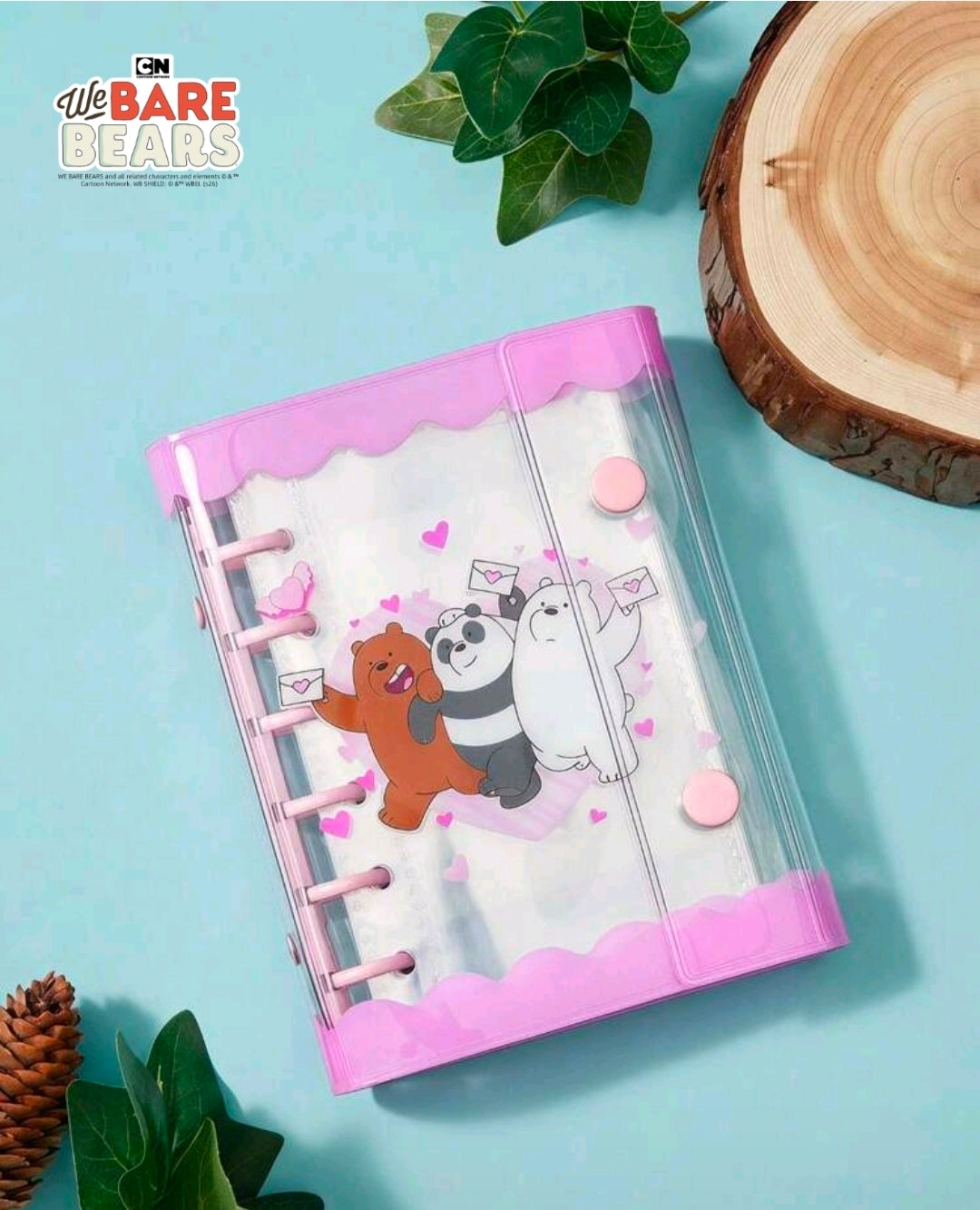 Clear PVC mini photocard binder with pink borders, 6-ring spine, We Bare Bears artwork.