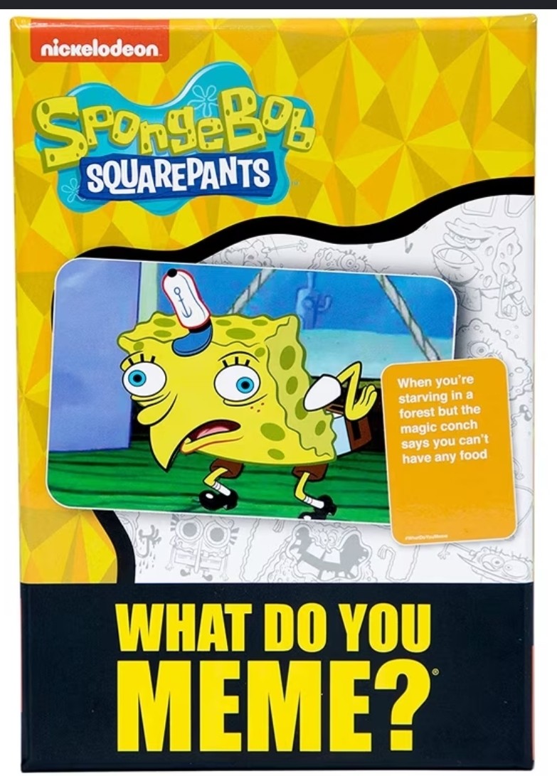 SpongeBob SquarePants card game box with orange prompt card and blue window