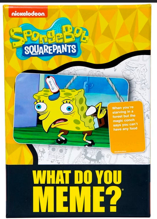 SpongeBob SquarePants card game box with orange prompt card and blue window