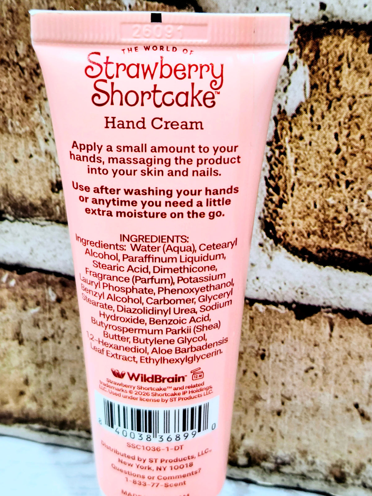 Strawberry Shortcake hand cream tube back with ingredients list and barcode