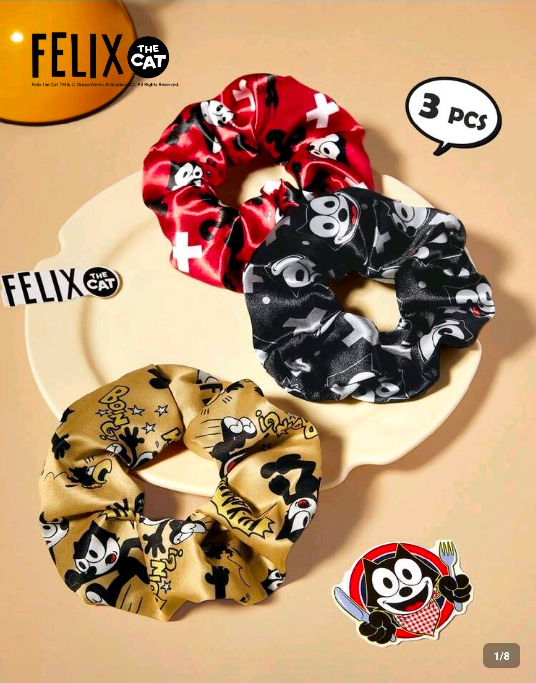 Felix the Cat Satin Scrunchies Set of 3 Red Black Gold Hair Ties Licensed NEW