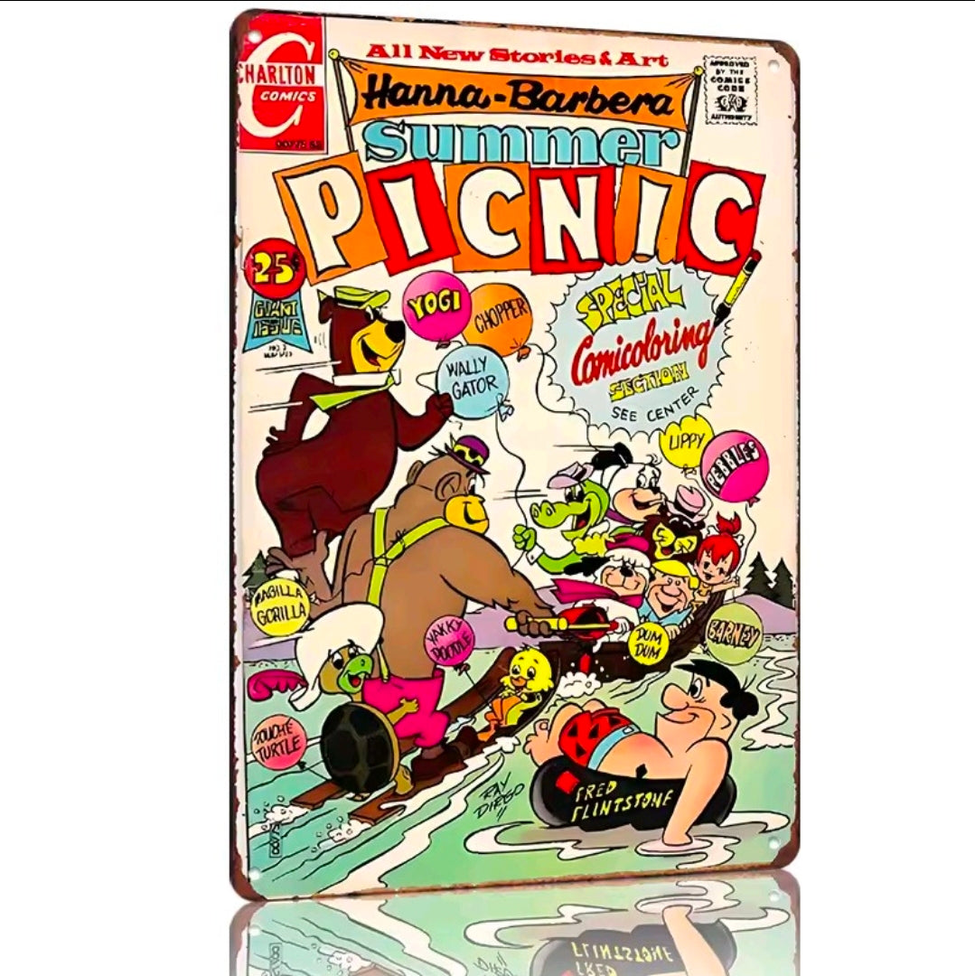 Retro aluminum comic sign with Hanna-Barbera Summer Picnic artwork, colorful characters