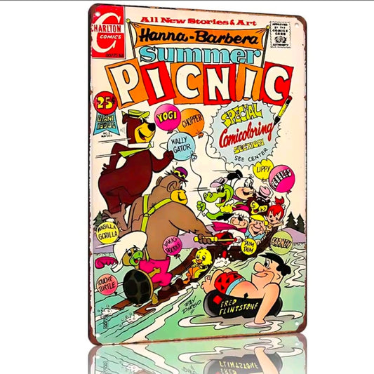 Retro aluminum comic sign with Hanna-Barbera Summer Picnic artwork, colorful characters