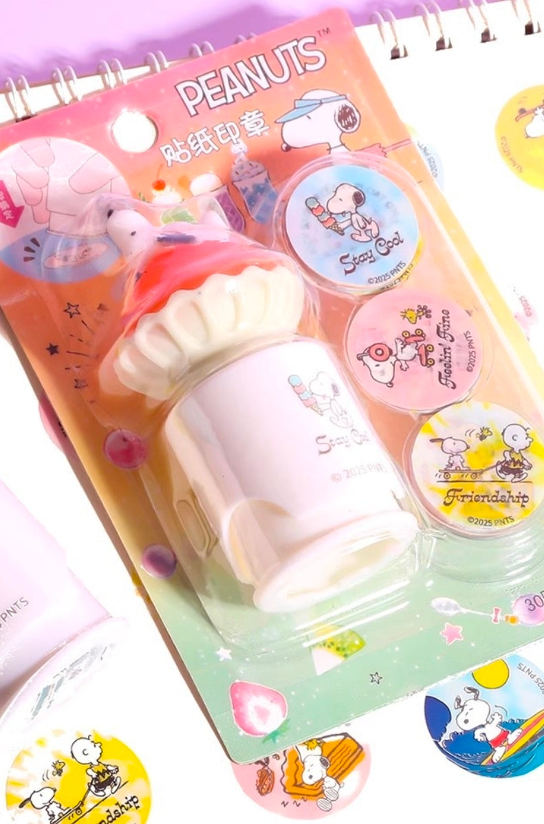 Snoopy sticker stamp roller set package with Stay Cool rollers and circular sticker designs