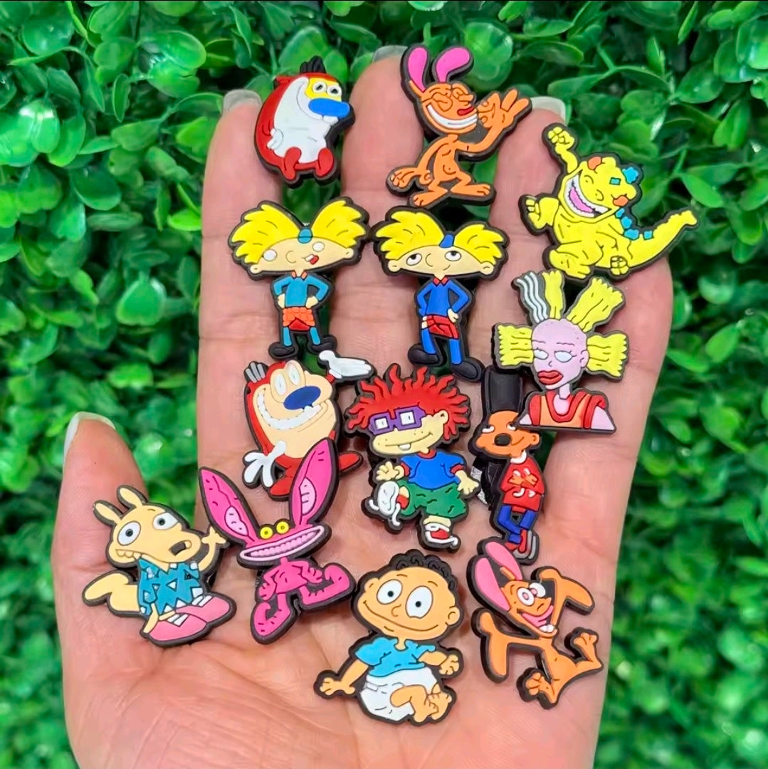 13-piece PVC cartoon shoe bag charm set with small multicolor character charms