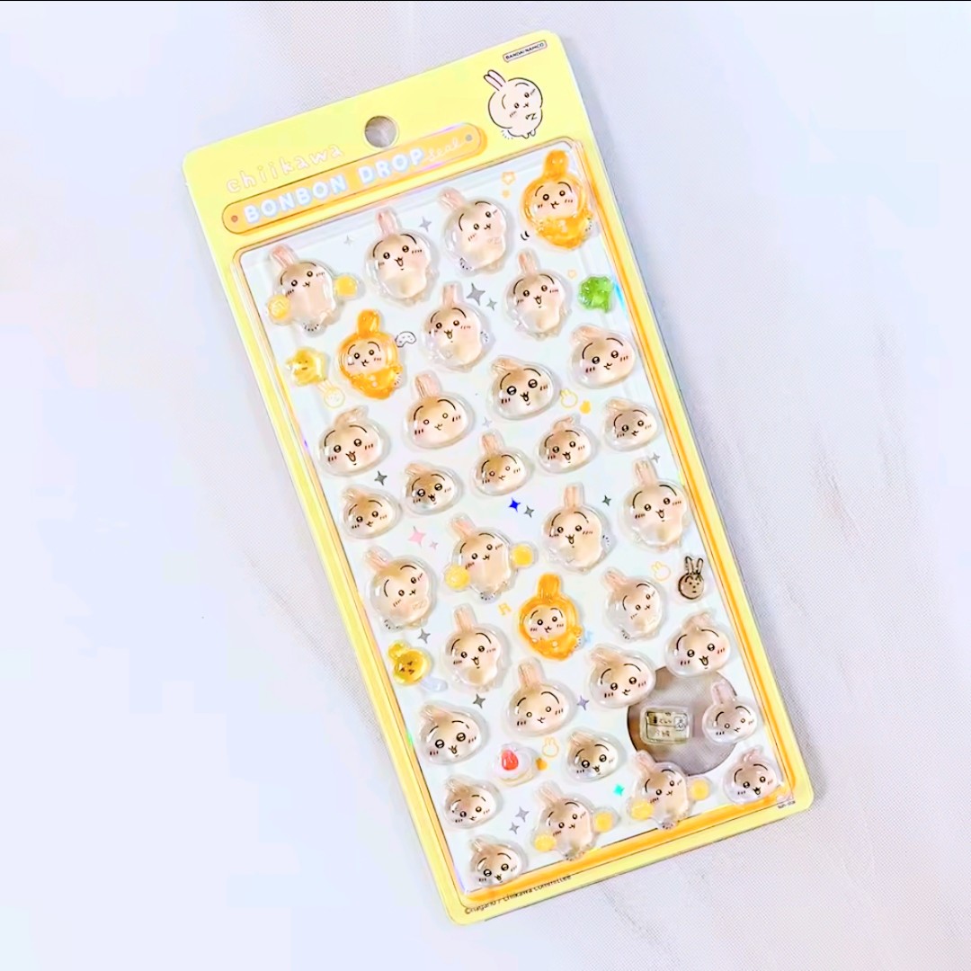 Yellow Chiikawa Bon Bon Drop 3D acrylic sticker sheet with bunny and cat faces