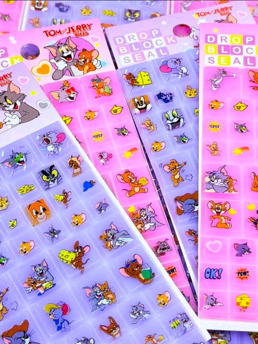 Tom & Jerry Drop Block Seal Puffy Stickers Pink or Purple Cartoon NEW