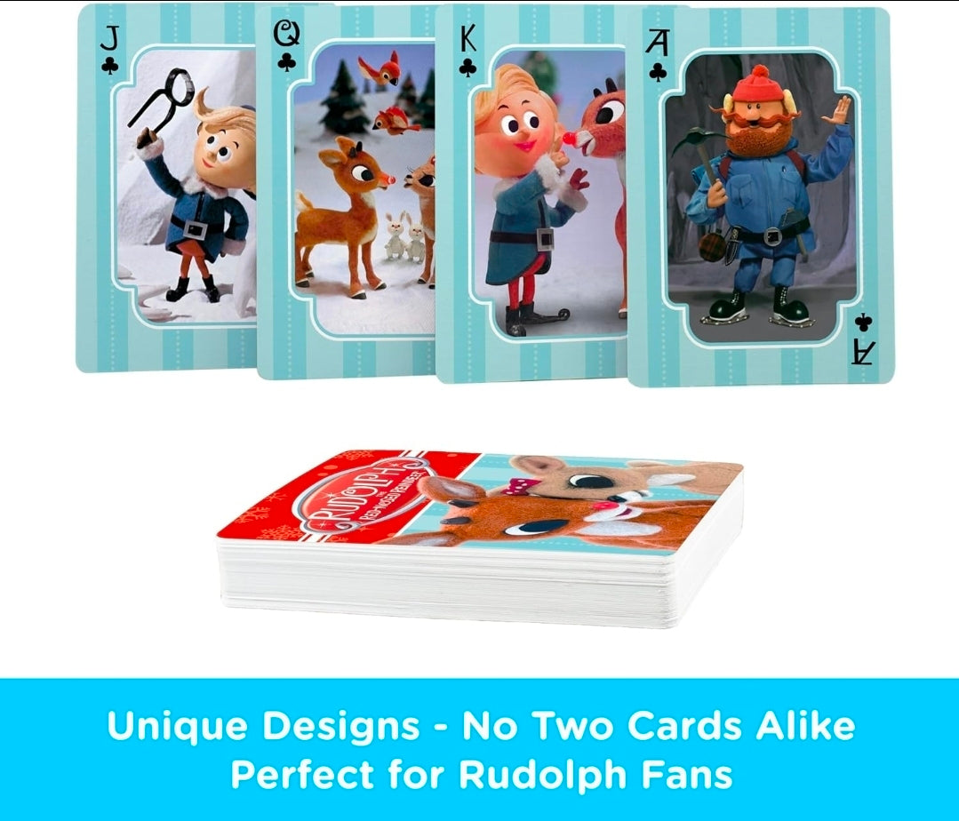 Rudolph reindeer playing cards fanned with character artwork