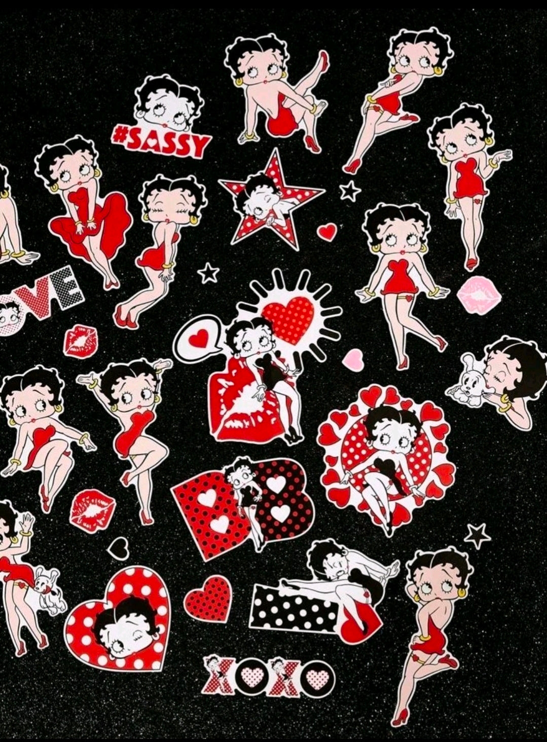 Betty Boop sticker sheet featuring multiple red outfit and heart character decals