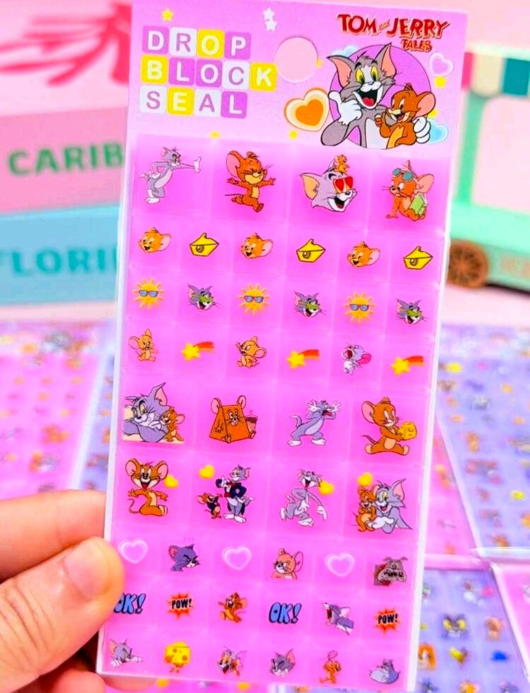 Tom & Jerry Drop Block Seal Puffy Stickers Pink or Purple Cartoon NEW