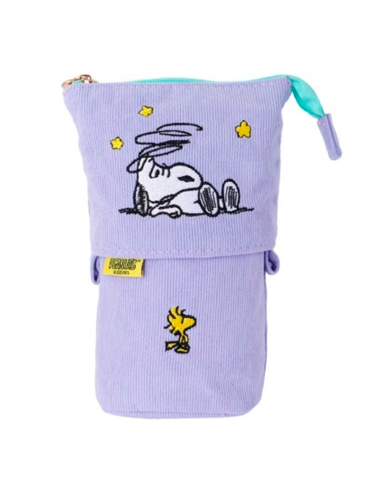 Lavender corduroy pop-up pencil case with Snoopy embroidery, standing, strap pull tab.