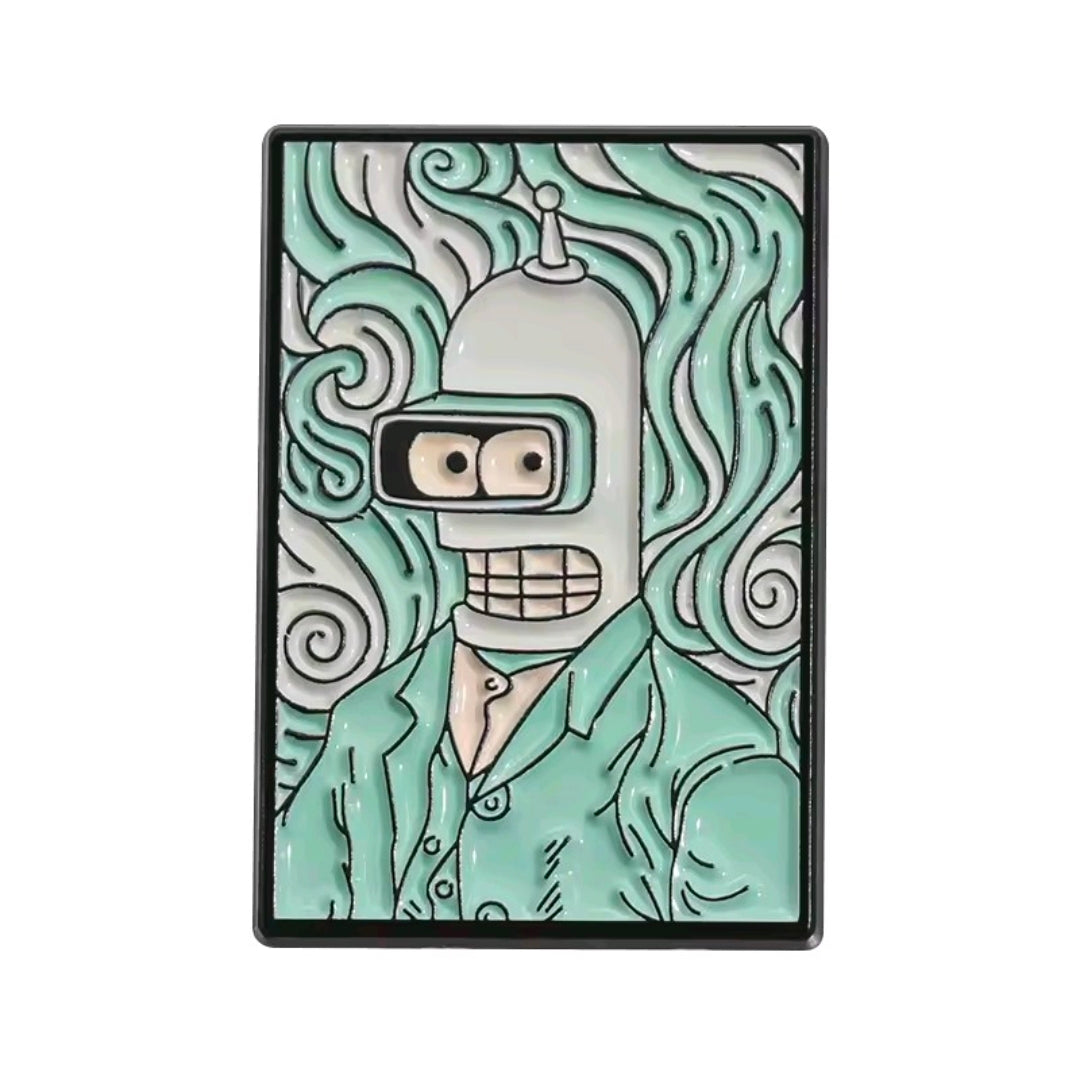 Square enamel pin with illustrated blue robot waving in orange and blue scene