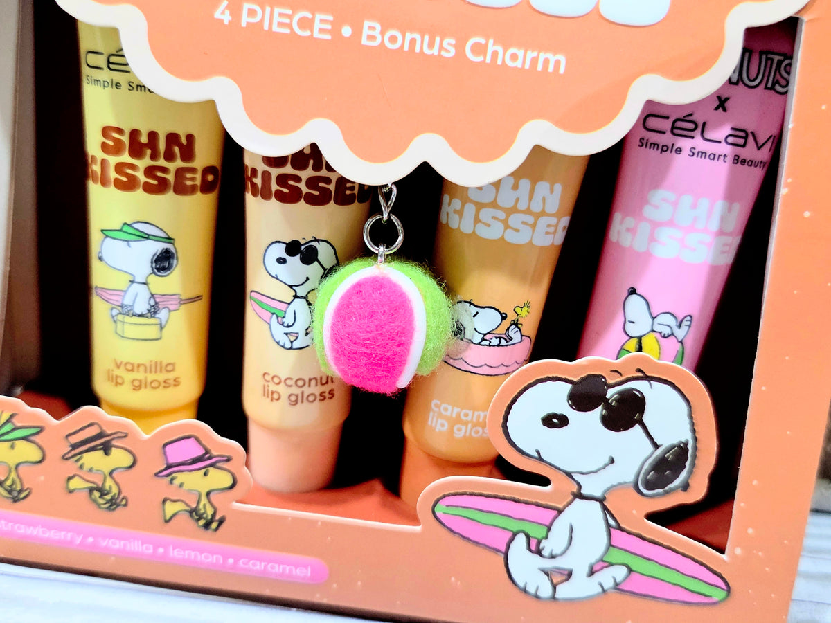 Sun kissed lip gloss gift box front with four tubes and Snoopy charm