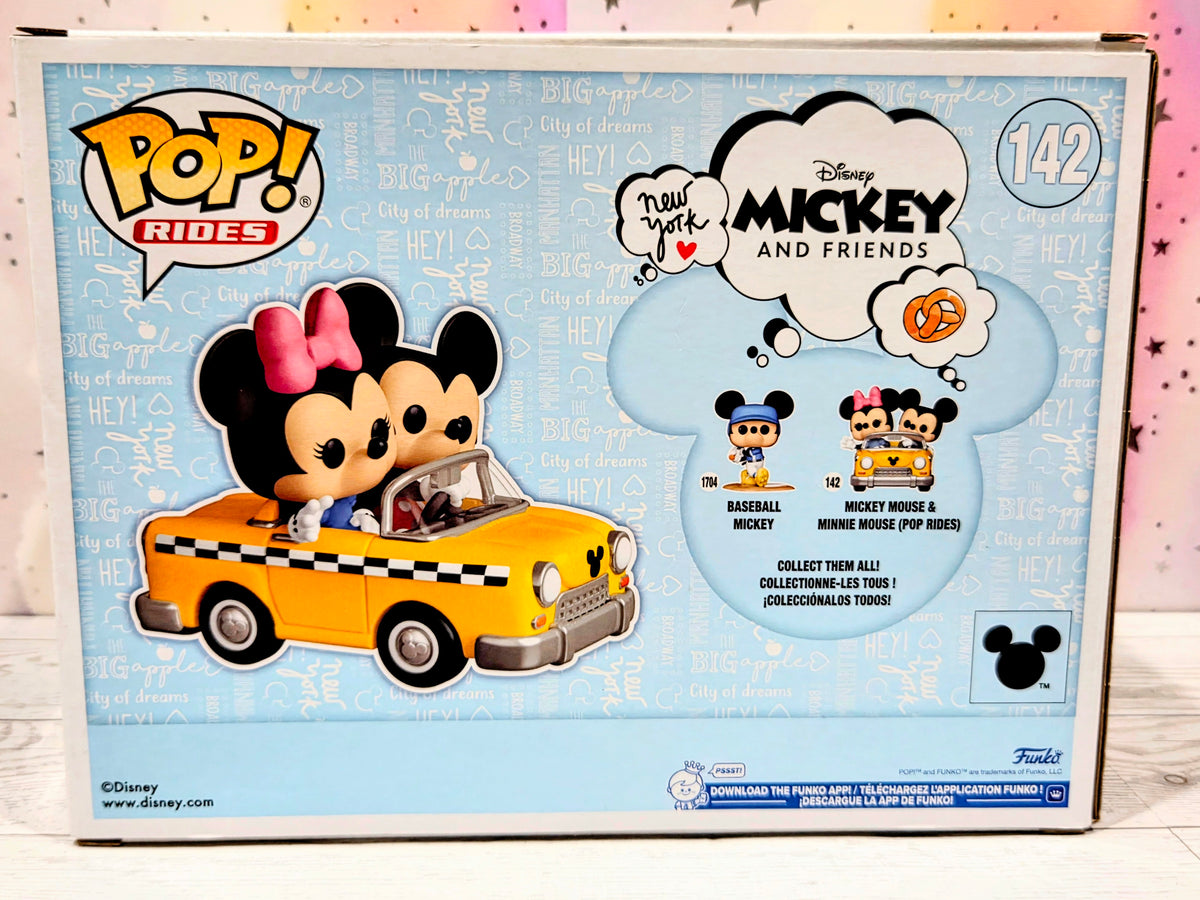 Funko Pop Rides #142 display box showing Mickey and Minnie in yellow taxi