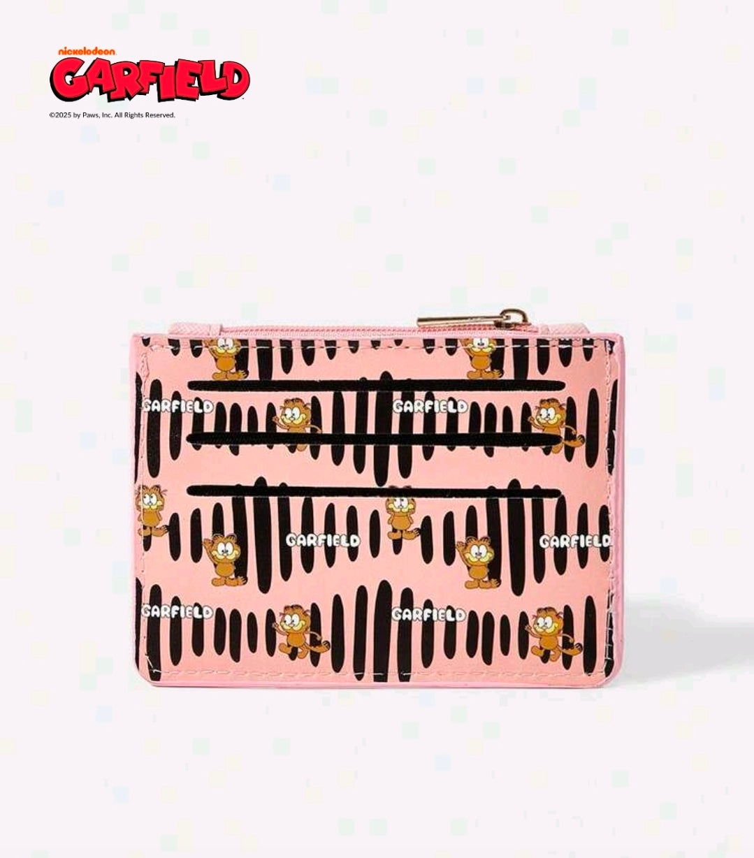 Pink Garfield card holder zip coin purse with black stripe print, gold zipper.