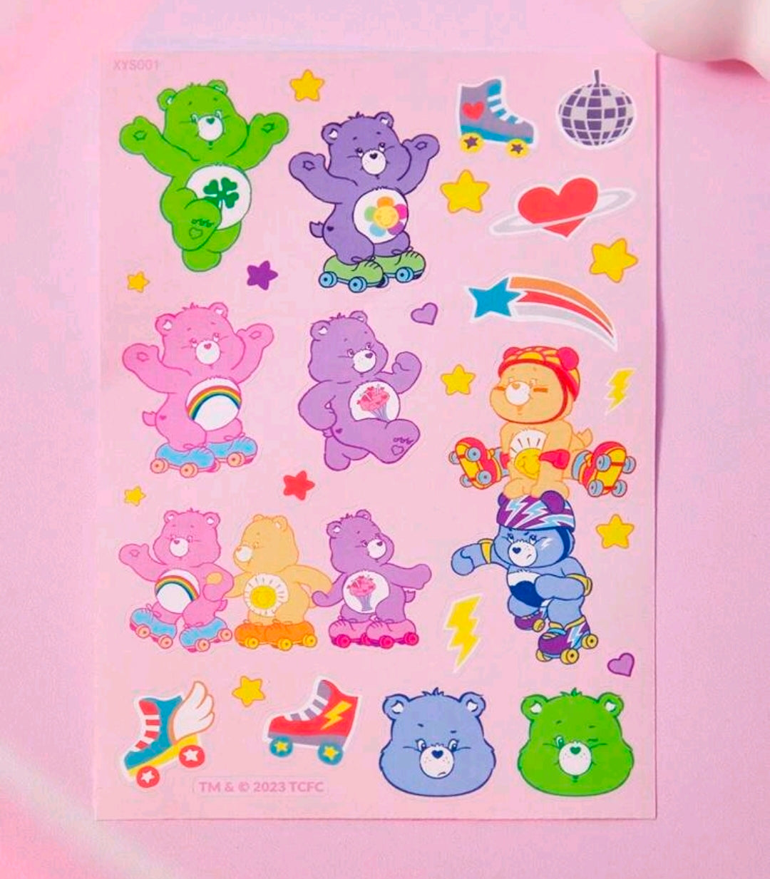 Sticker sheet set with Care Bears roller skates, rainbows, hearts, and stars