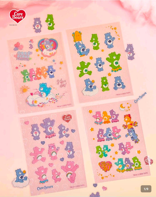 Care Bears clear holographic sticker sheets, four designs with colorful bear icons and hearts