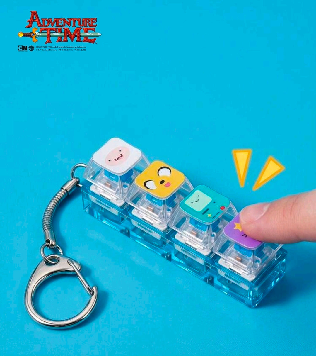 Clear acrylic keychain charm stack with metal clip and key ring; hand presses