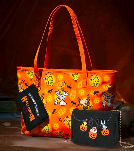 Orange Halloween tote bag with black pouch and hanging tag, plus chain shoulder strap